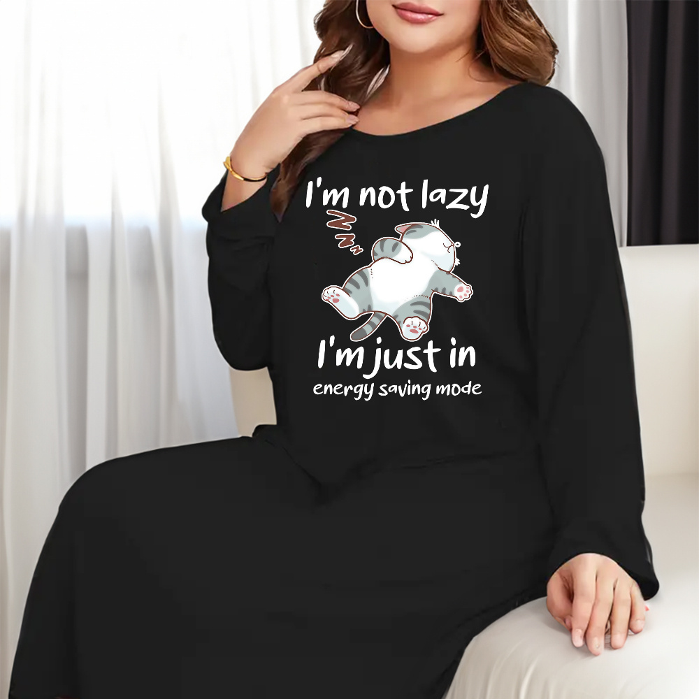 

Cozy Plus Size Women' Dress With Cute & 'energy Saving Mode' Print - Long Sleeve, Round Neck Nightgown For Fall/winter