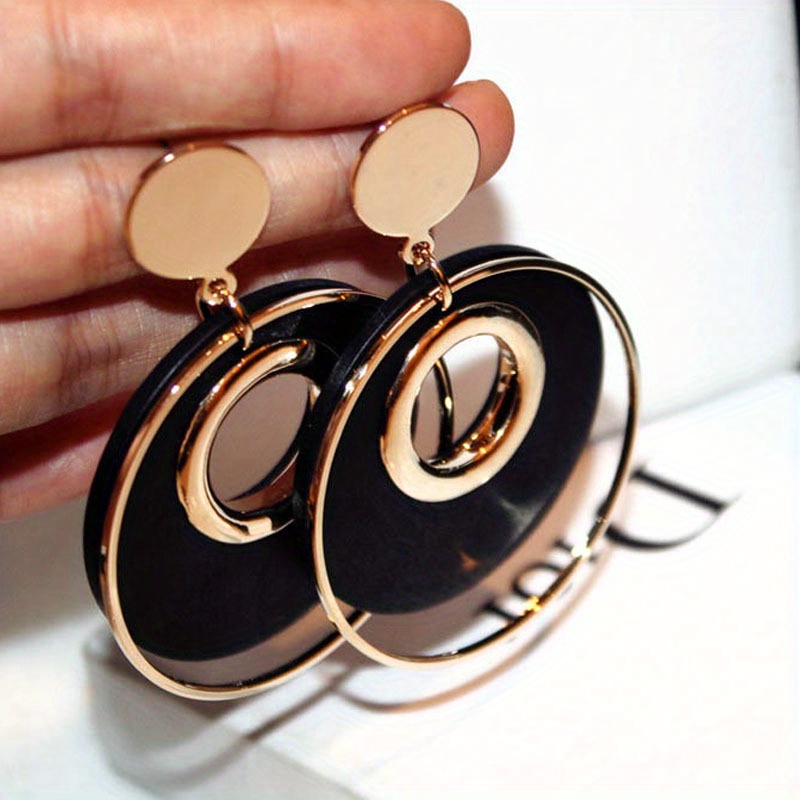 

Stylish Large Round Drop Earrings For Women, Alloy In Black And Golden, Elegant Statement Jewelry For Parties, Dinners, And Casual Attire, Elegant | Layered | Shiny Golden , Novelty Earrings