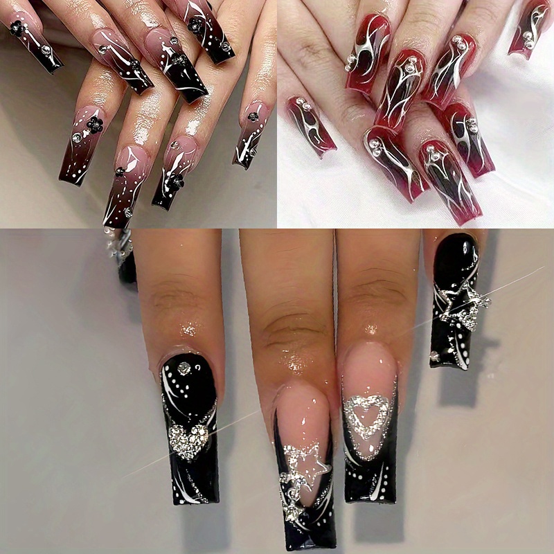 TEMU 72pcs (3 Pack) Black Gradient Glossy Long Square Shape Press On Nails Withflower And Design - Elegant Fake Nails For Women And Girlsperfect For