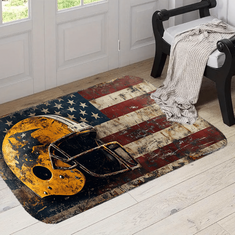 

American Flag Football Helmet Doormat - Polyester, Machine Washable, Non-slip Backing, Indoor/outdoor Entrance Rug For Home Décor, Patriotic Sports Design, Holiday Gifting