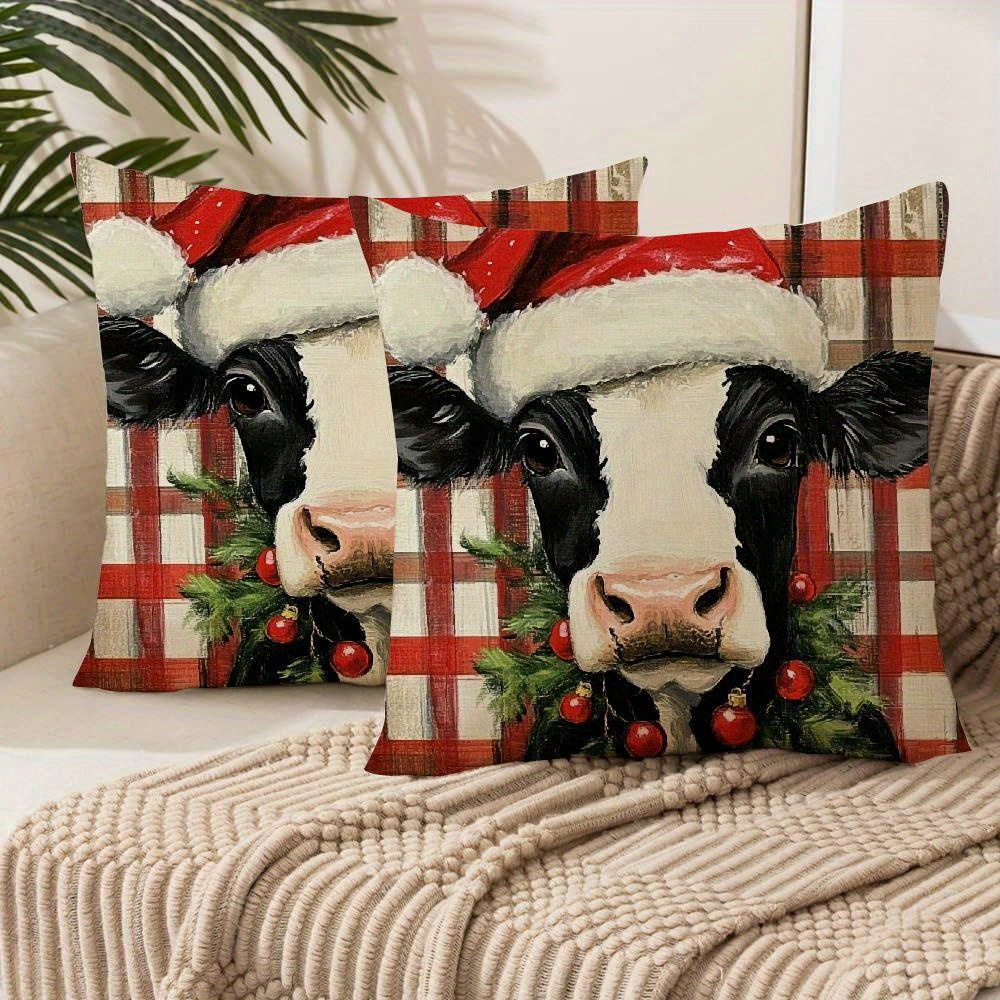 

Christmas Farmhouse Decorative Throw Pillow Covers - Cow & Wreath Design, Soft Short Plush, Zip Closure, Machine Washable - Living Room & Decoration