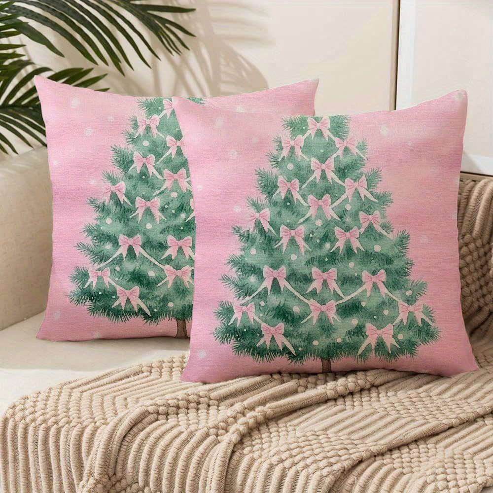 

1pc, Pink Christmas Tree Pillow Covers - Pink Coquette Bows Pillow Cases, Pink And Green Christmas Tree Decorations, Pink Coquette Christmas Room Decor