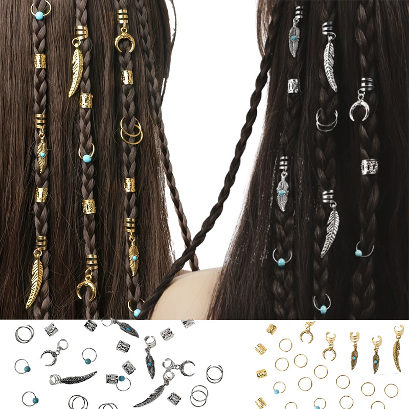 

62pcs Vintage Elegant Alloy Hair Clip Set With Turquoise Accents, Hollow Round Shaped Dreadlock Beads And Hair Rings, Hippie Loc Hair Jewelry For Women