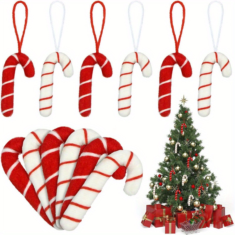 

6pcs Christmas Candy Cane Ornaments - Wool Felt Hanging Decorations For Tree & Home, Includes 3 White & 3 Red Lanyards, Christmas, Candy Cane, Home Decor, Christmas Tree, Hanging