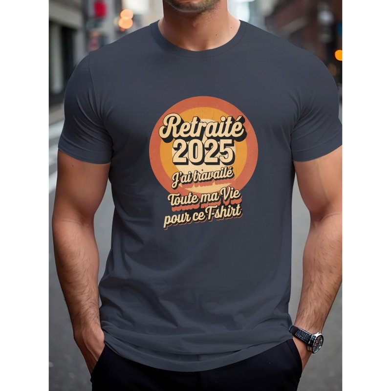 

T-shirt décontracté à col rond pour homme, en polyester tricoté, coupe régulière, légèrement extensible, t-shirt à manches courtes d'été avec géométrique de retraite 2025