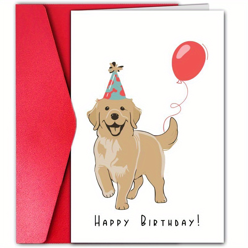 

1pc, Golden Retriever Birthday Card, Cute With Party Hat & Balloon, Creative Birthday Wish, Perfect Gift For Family & Friends, Paper Material, Party Supplies