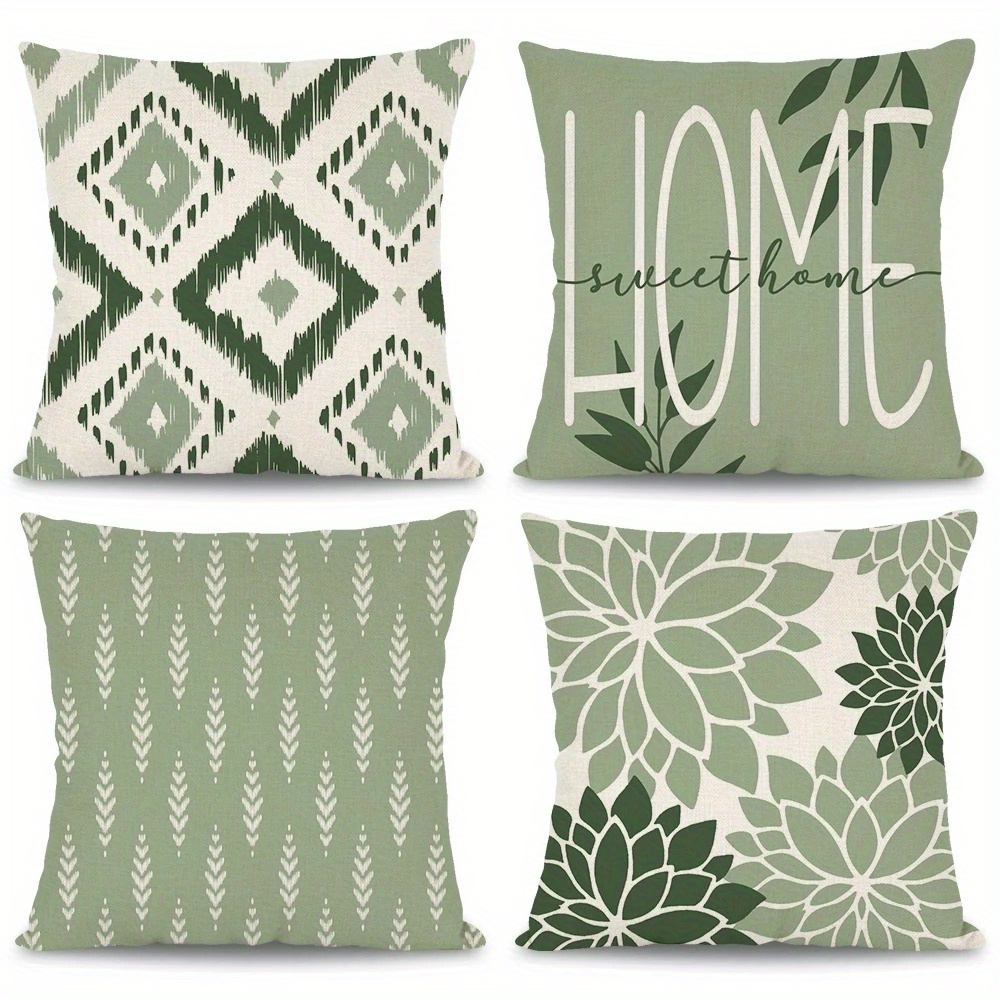 

4pcs Taie d'Oreiller Bohème Printanière Verte Sweet Home Géométrique Style Nordique Housse de Coussin en Polyester pour Décoration de Canapé Printanière