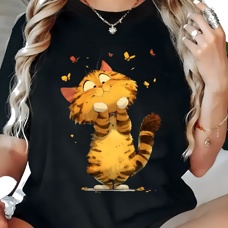 

Women's Plus Size T-shirt, Casual Short Sleeve, Round Neck, Geometric Cat Print, Stretch Knit Fabric, Polyester, Spring/summer, , Pullover Top