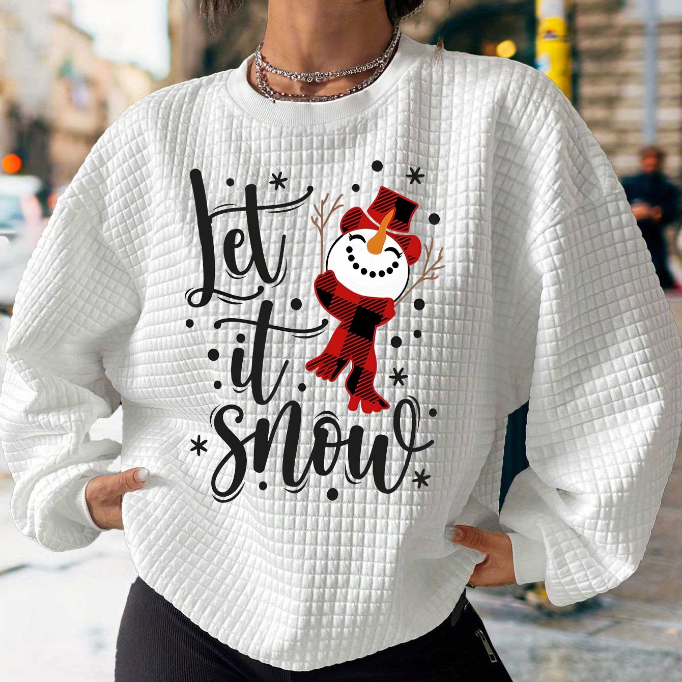 

Christmas Snowman & Letter Print Waffle Lounge Top For Fall & Winter, Long Sleeve Crew Neck Pullover Sweatshirt, Women's Clothing