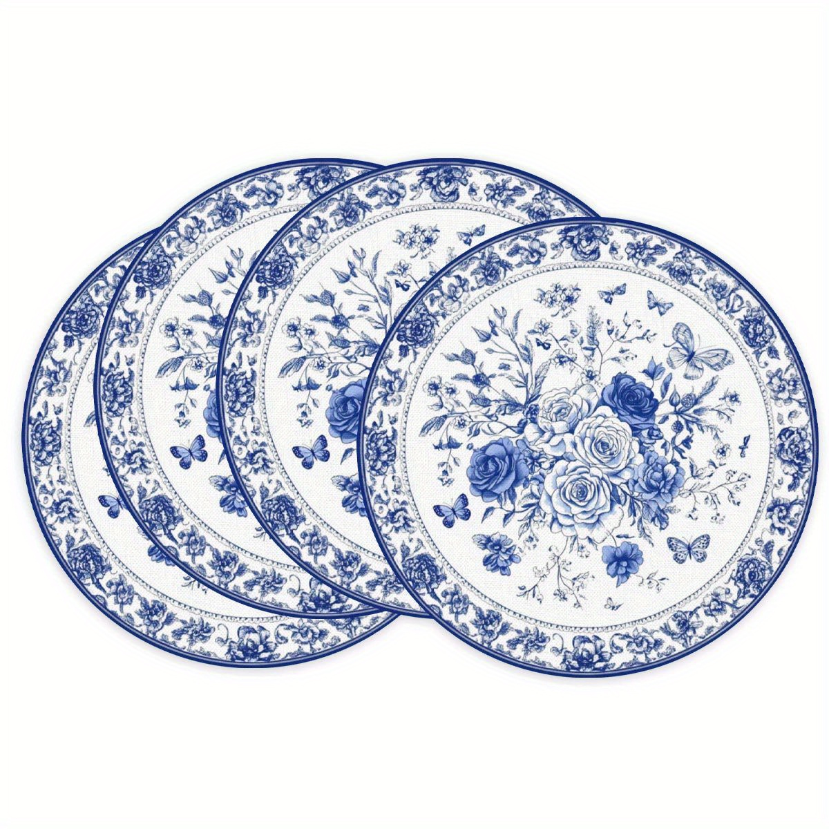 

4pcs Blue Flowers Round Placemats Table Mats Heat-resistant Washable Placemats For Dining Decoration 15 Inch