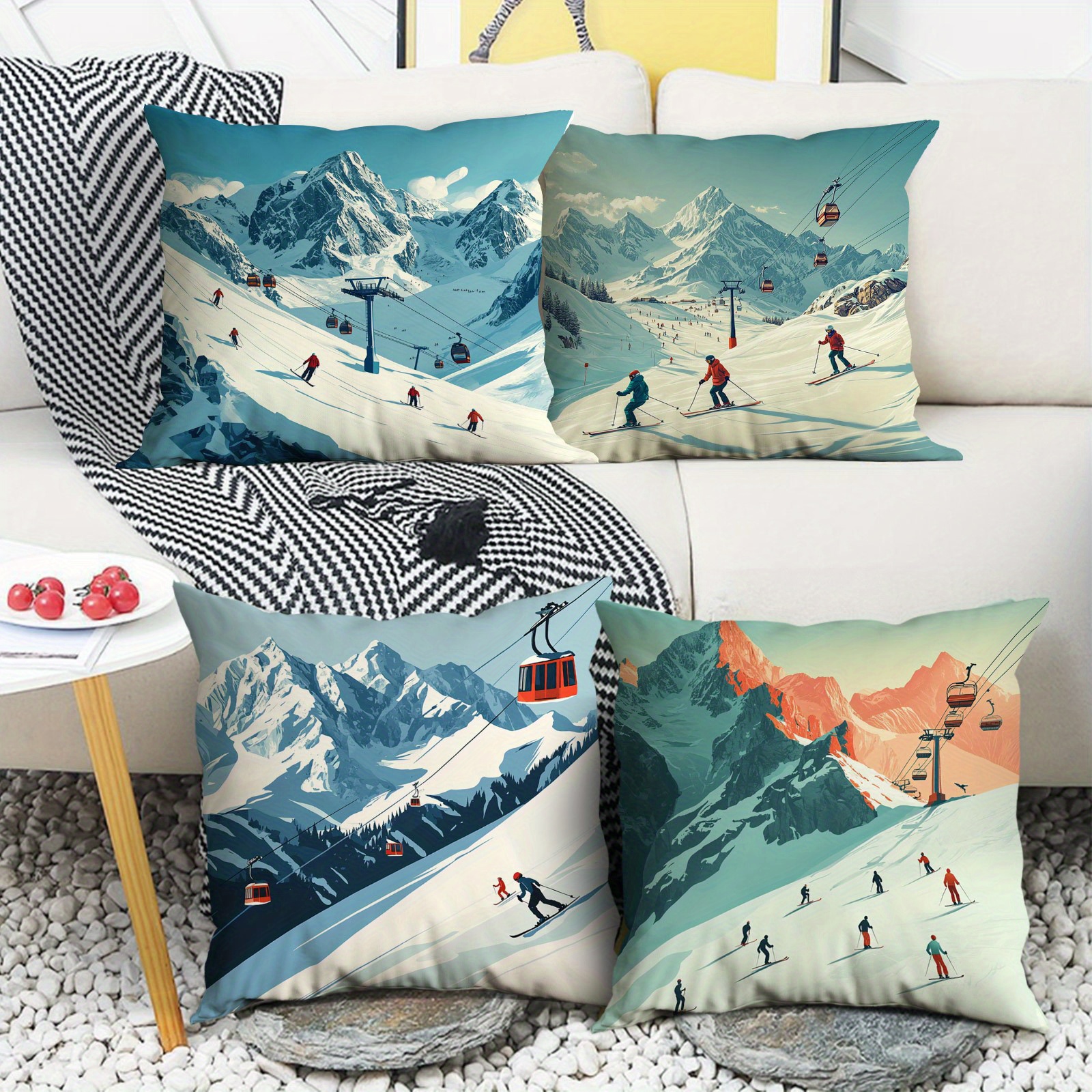 

4pcs Modern Ski Resort Mountain Landscape Throw Pillow Covers, Polyester, Zippered, Machine Washable, Decorative Cushion Cases For Office, Bedroom, Balcony, Car, Sofa, And Patio