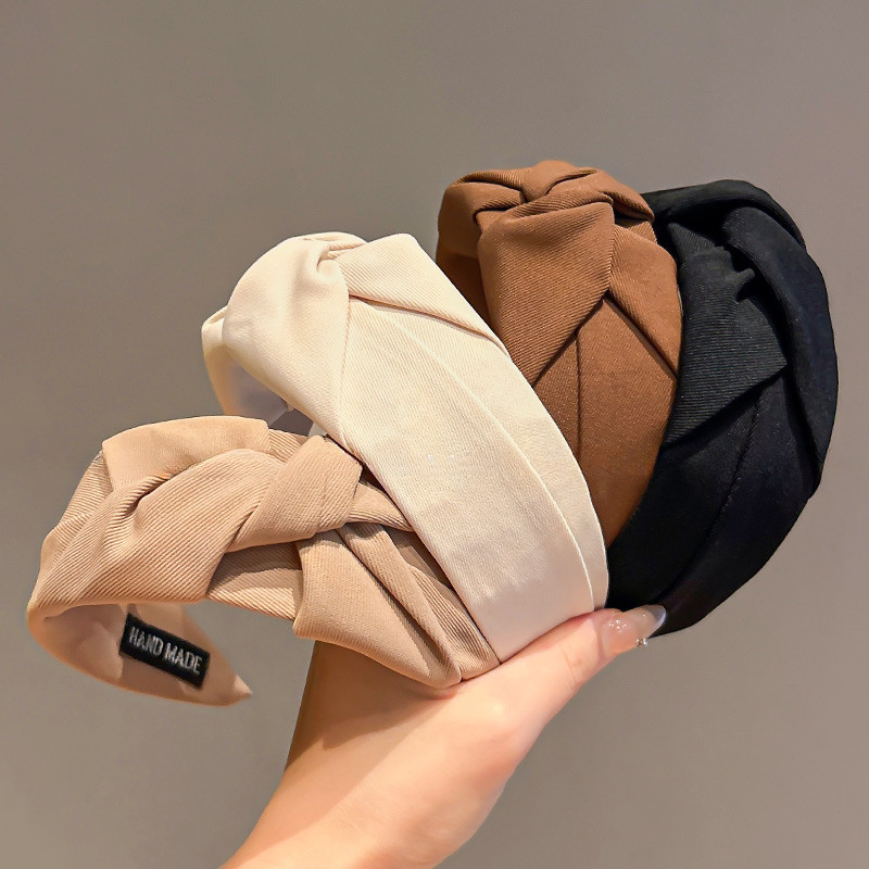 1pc Retro French Wide Edge Knotted Headband High Cranial Top Hair Band  with Bow Detail, Simple Pleated Fabric Hair Hoop Accessory