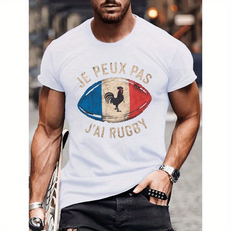 

T-shirt créatif pour homme avec imprimé de ballon de rugby français, col rond, t-shirts confortables pour l'été, hauts de vêtements pour hommes pour la gym.