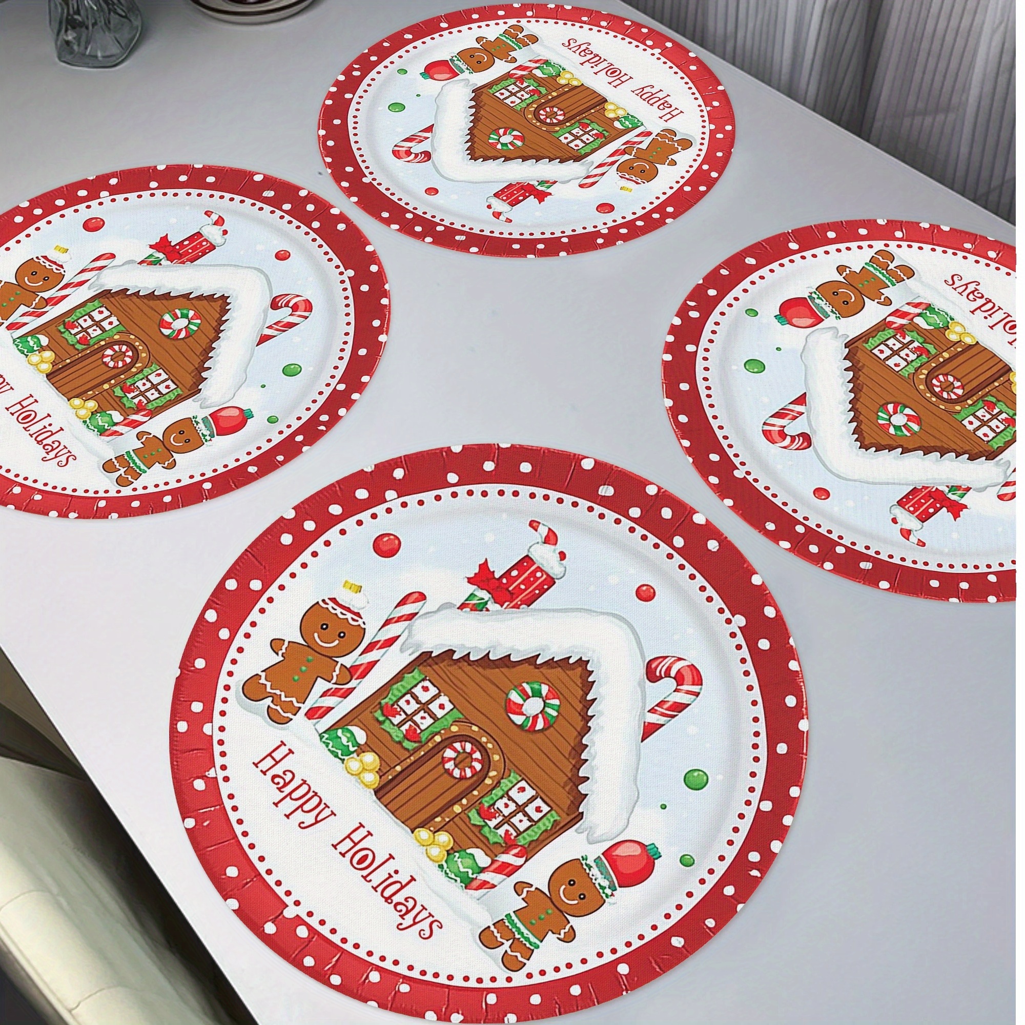 

4- Christmas Placemats, 15" Round, Polyester, & , , , , For & Dining Table Decor