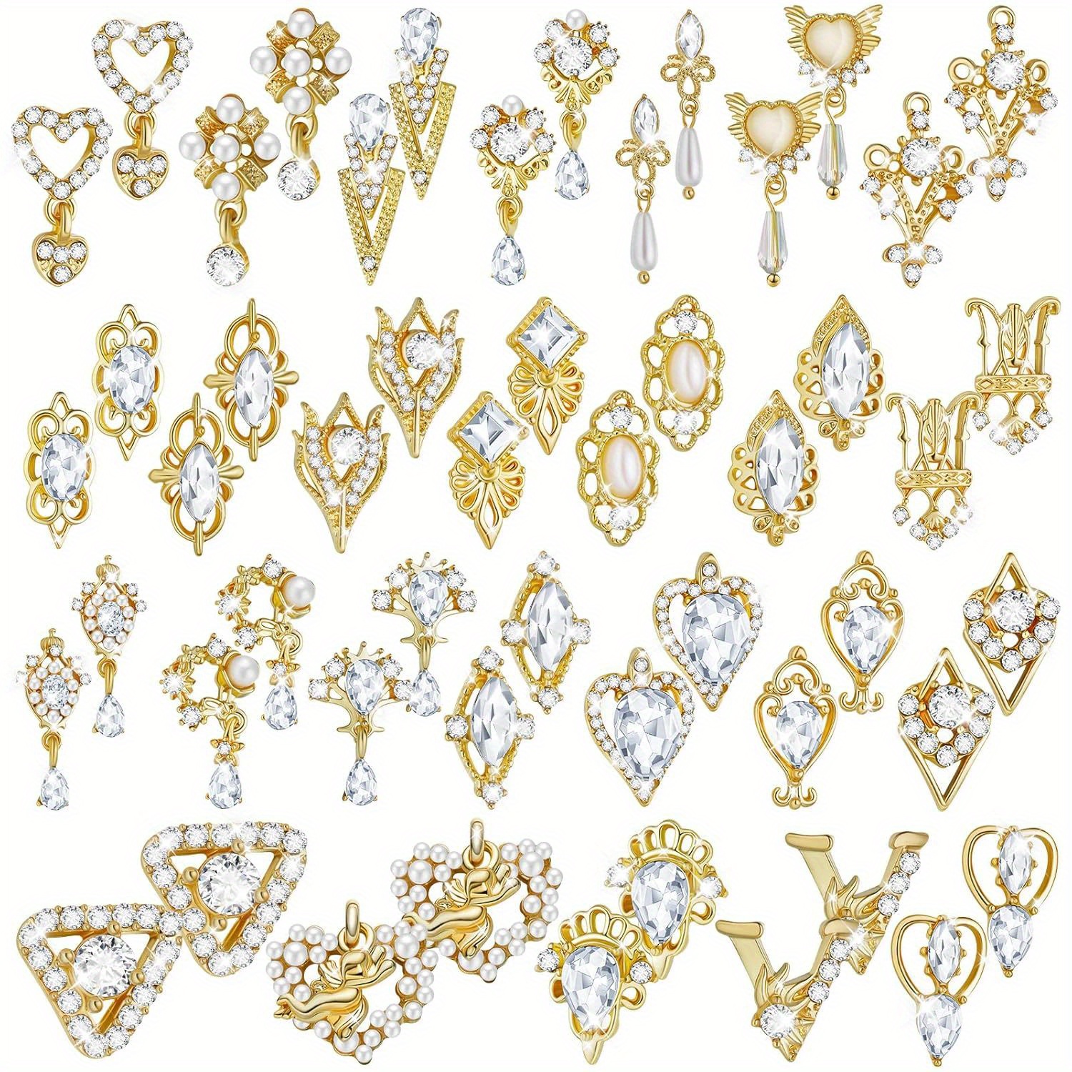 TEMU 52pcs Of 3d Shiny Nail Luxury Nail Decoration Patch Handmade Diy Pearl Inlaid Diamond Gold-plated Jewelry Accessories