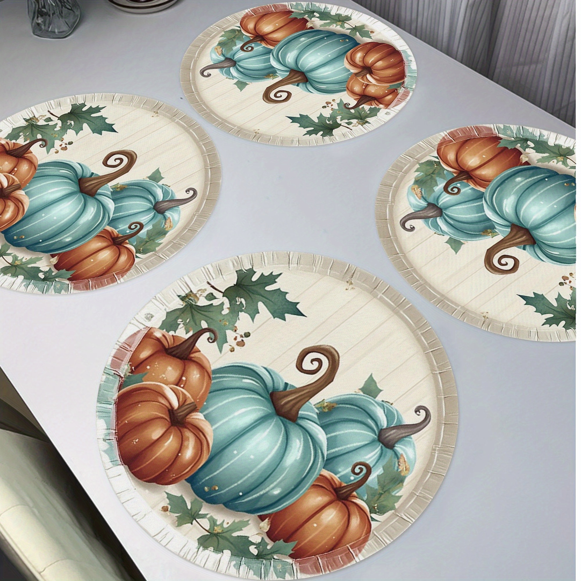 

4pcs Thanksgiving Pumpkins Placemats, Autumn Pumpkin Vine Leaves Round Table Mats For Home Decor Non-slip Washable Placemats For Daily Banquet Party Dining Table Decoration 15