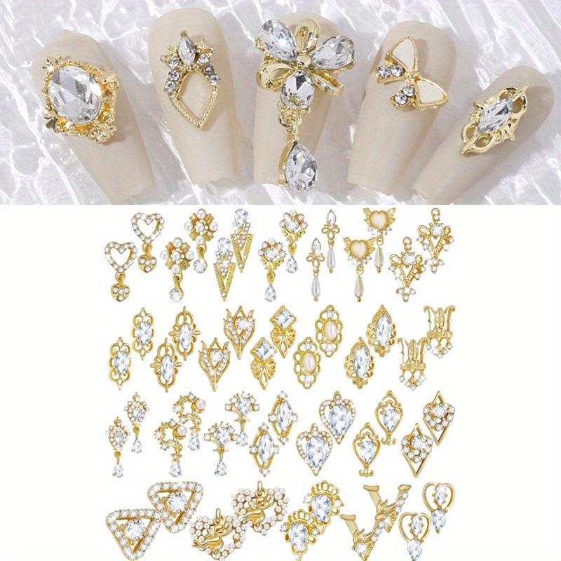 

52pcs Of 3d Nail Luxury Nail Decoration Patch Handmade Diy Pearl Inlaid Diamond Gold-plated Jewelry Accessories