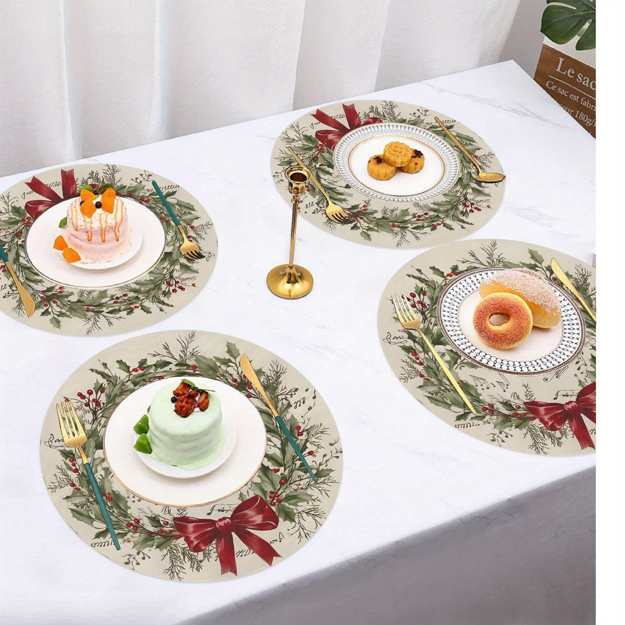 

4- Christmas Wreath & Bow Round Placemats, 15in, Polyester, , -, Table For Dining & ,
