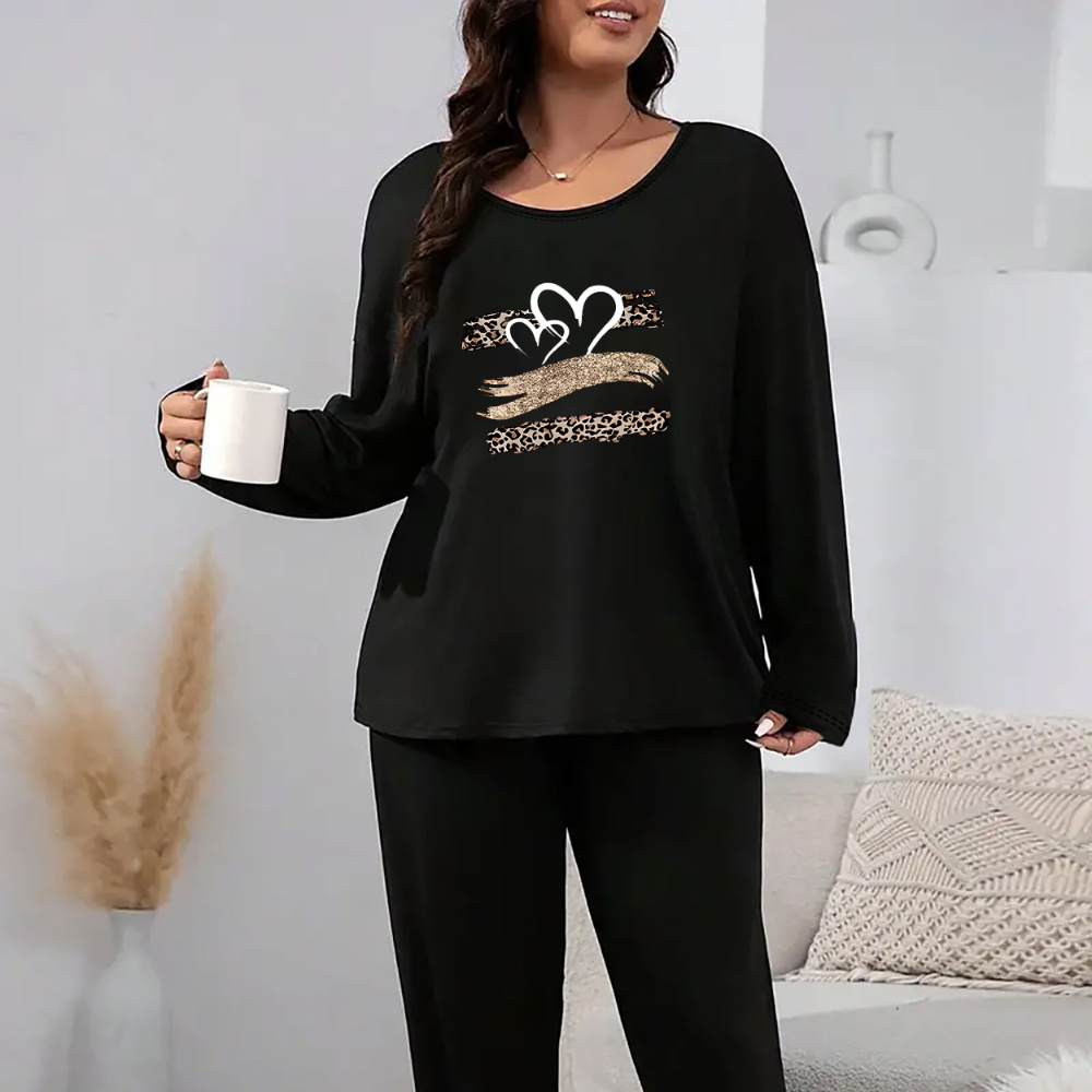 

Plus Size Heart Print Pajama Set, Women's Casual Long Sleeve Top & Joggers Lounge 2 Piece Set For Fall & Winter