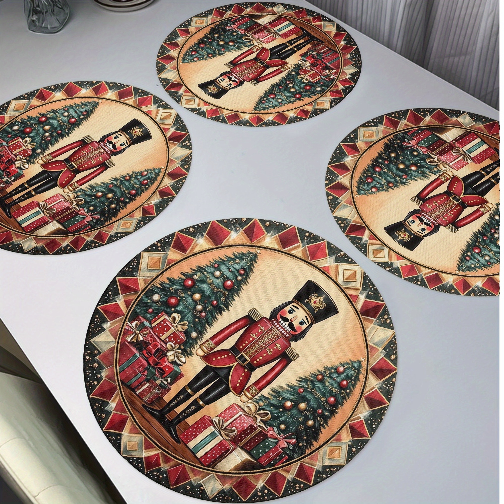 

Set Of 4 Nutcracker Christmas Placemats - Polyester Round Woven Table Mats, Non-slip, Hand Wash, For Holiday Decor, Banquet, And Party Dining - 15" Nutcracker Design