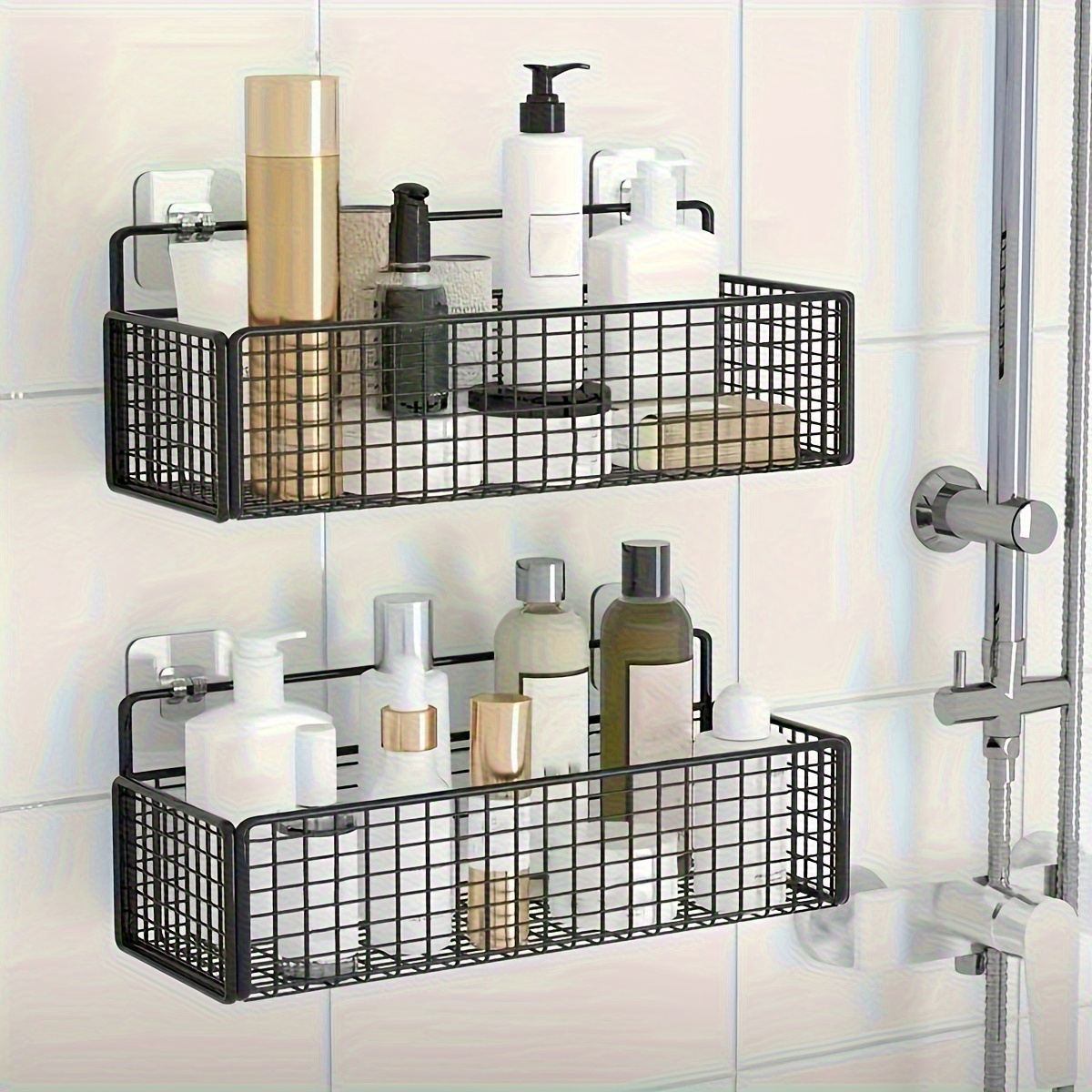 

1pc Space-saving Wall-mounted Storage Rack - Punch-free, , Hypoallergenic Metal For Organization, Ideal For Shampoo, Soap, And , Bathroom Organizers And Storage