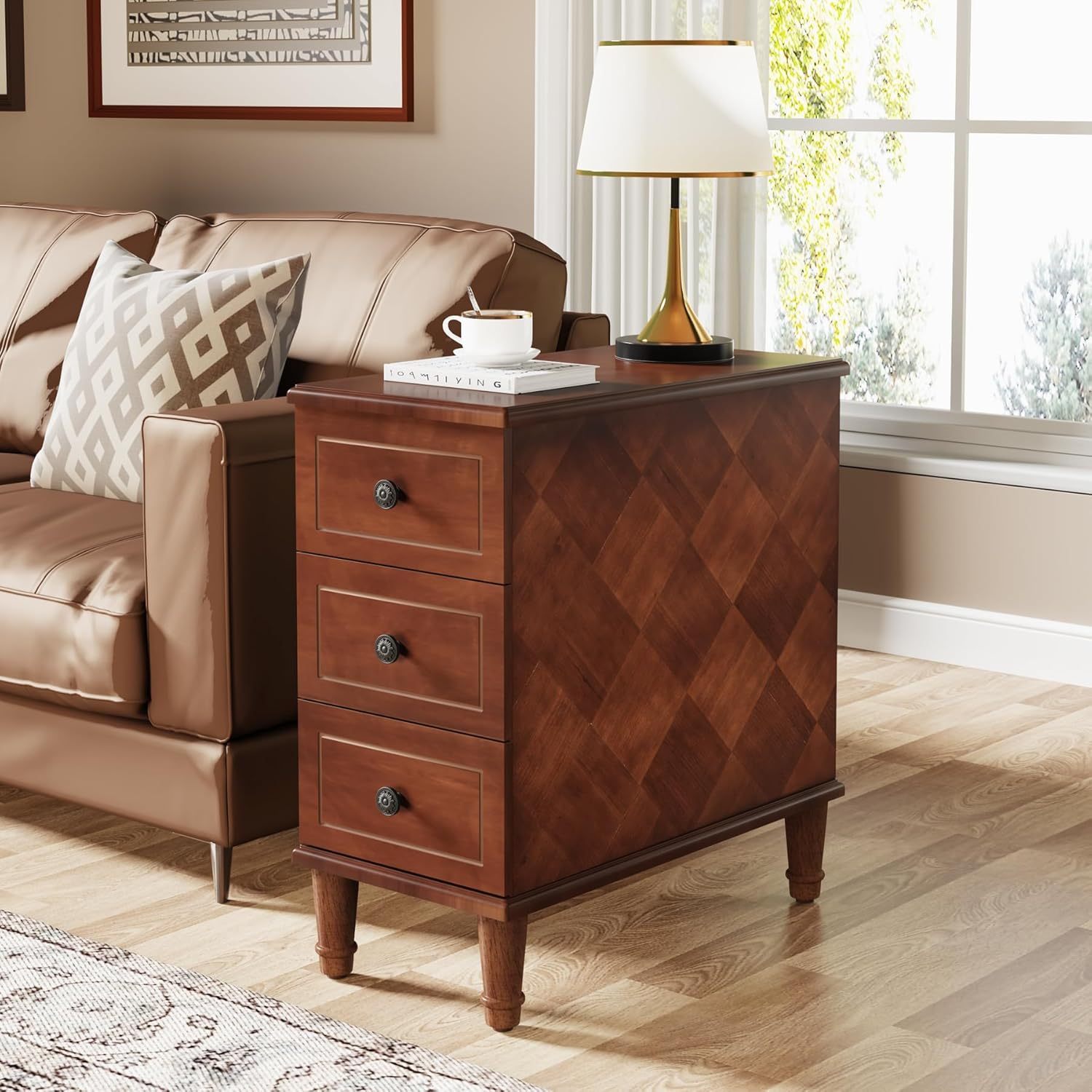 

Wood End Table, Fully Assembled Narrow Side Drawers, Pre-assembled Nightstand For Small , , ,