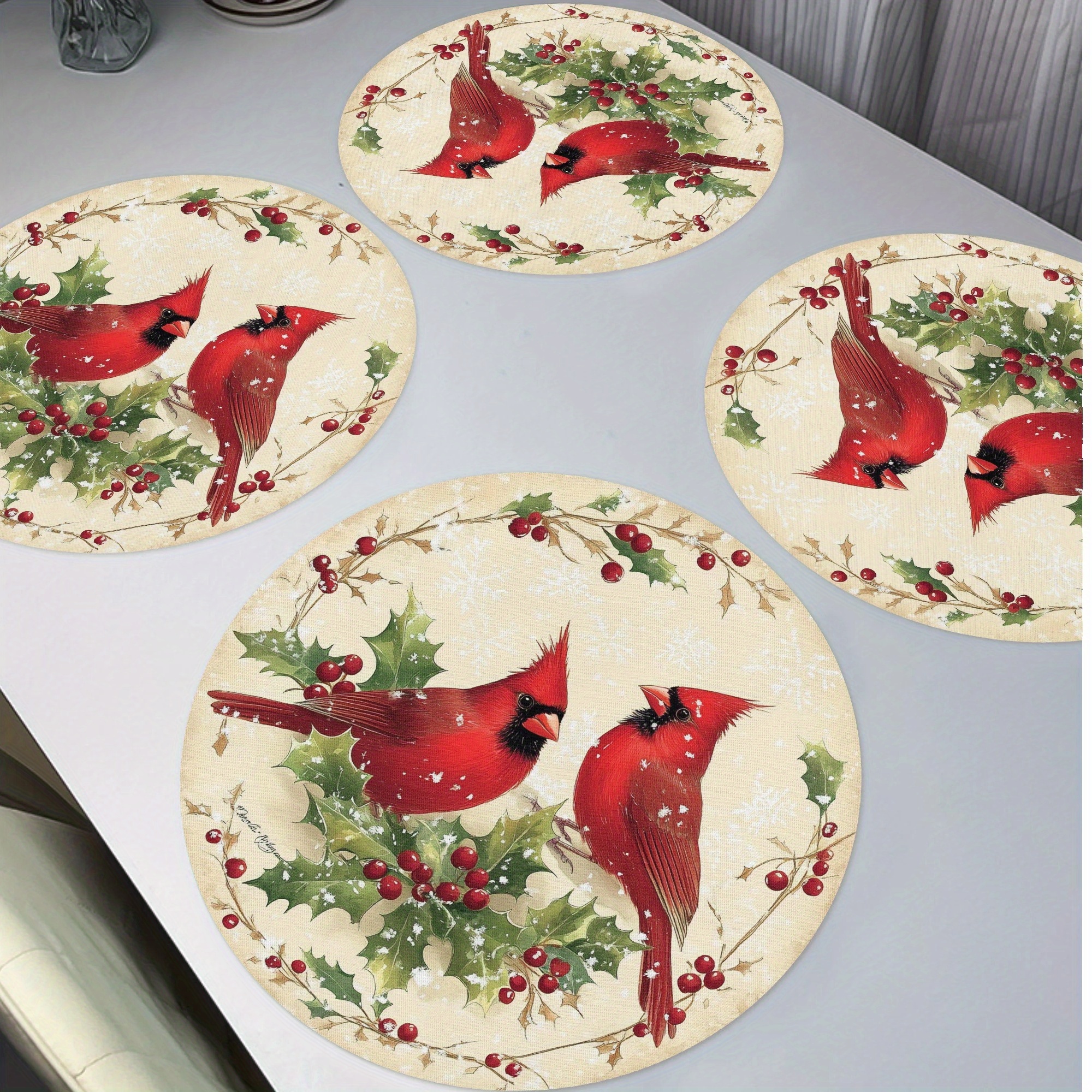 TEMU 4-pack Round Woven Polyester Placemats With Christmas Red Birds Design, Holly Leaves Berries Wreath, Non-slip, Hand Washable, Table Mats For Banquet Party Decor, 15"