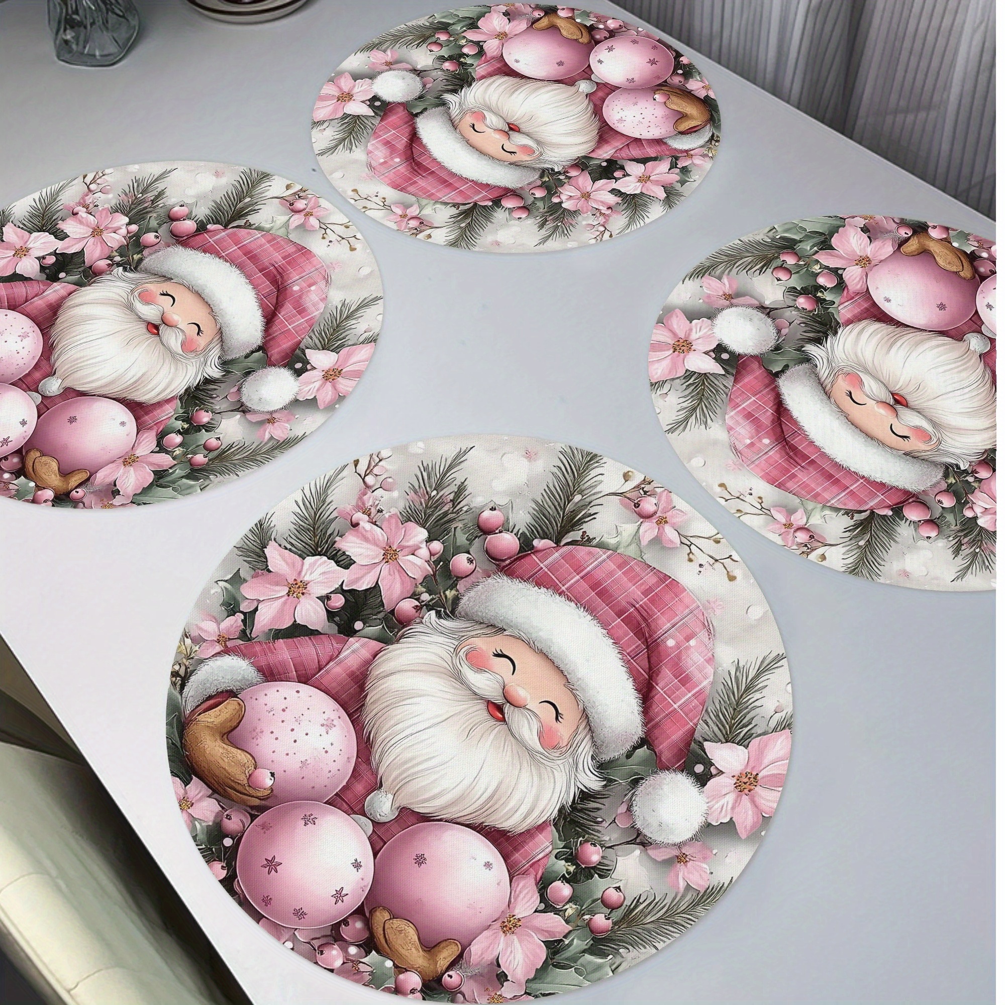 

4pcs Pink Santa Claus Placemats, Pine Christmas Ornaments Round Table Mats For Home Decor Non-slip Washable Placemats For Daily Banquet Party Dining Table Decoration 15