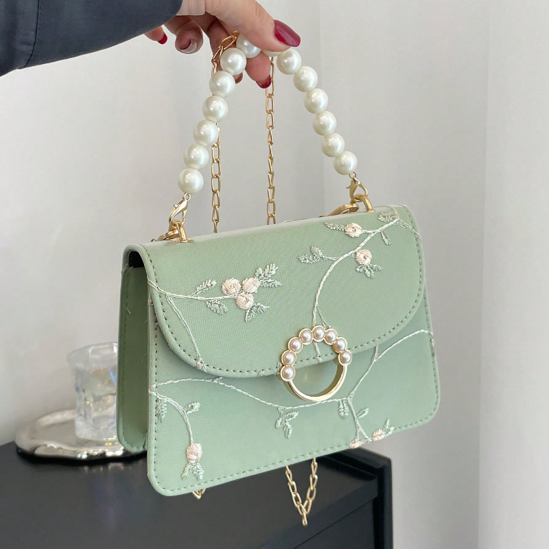 

Mini Square Bag With Flower Embroidery And Pearl Decoration, Fashionable