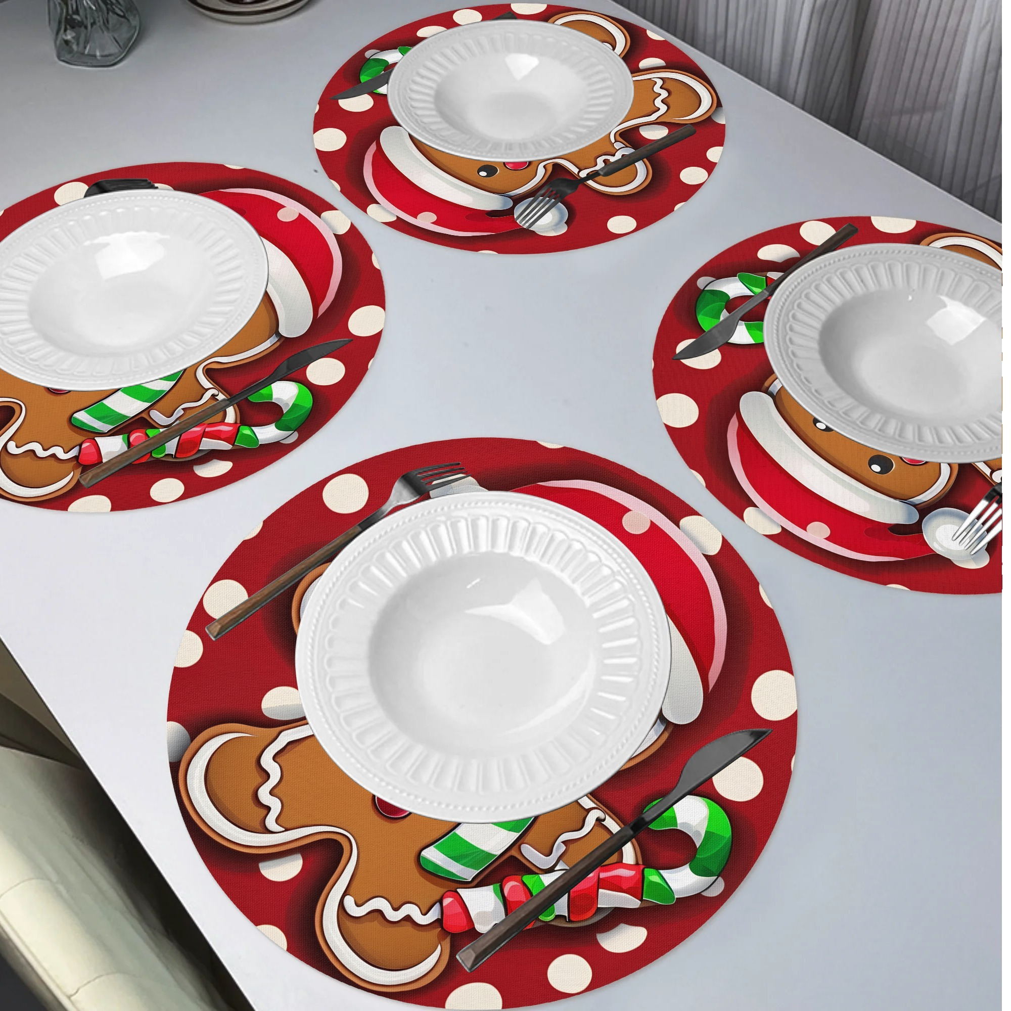 

4pcs Set Christmas Placemats - Gingerbread & Candy Cane Design, Polyester, Machine Washable, Round Table Mats For Holiday Dining Decor, Christmas Decor