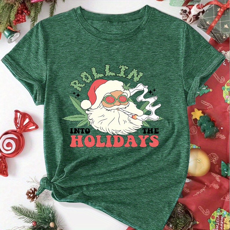 

1pc Christmas Santa Rolling Holidays Graphic Tee For Women, Polyester 65% Viscose 30% Elastane 5%, Crew Neck, Short Sleeve, Casual Sports Style, Medium Stretch, All