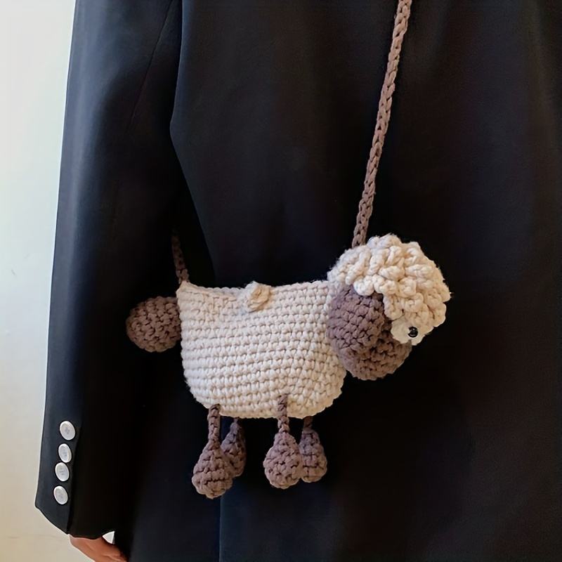 

1pc Handmade Crochet Sheep Crossbody Bag For Women, Cute Cartoon Knitted Coin Purse, Eid Gift, Solid Color, Polyester Lined, Synthetic Fiber Material, Snap Closure