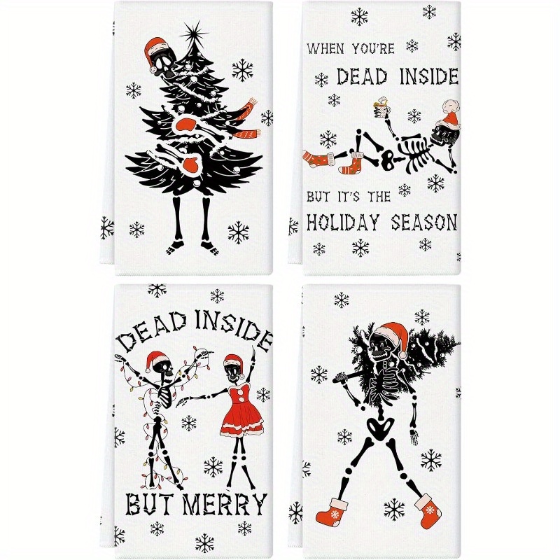 

4pcs 18x26inches Gothic Christmas Decor Kitchen Towels Funny Skeleton Christmas Tree Dish Towels Seasonal Winter Holiday Hand Towels Home Kitchen Decoration