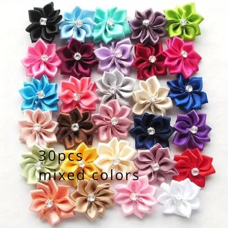 

30pcs Satin Ribbon Flowers With Rhinestone Center - Multicolor Fabric Bows For Diy Crafts, Wedding, Valentine's Day Decor, Gift Wrapping