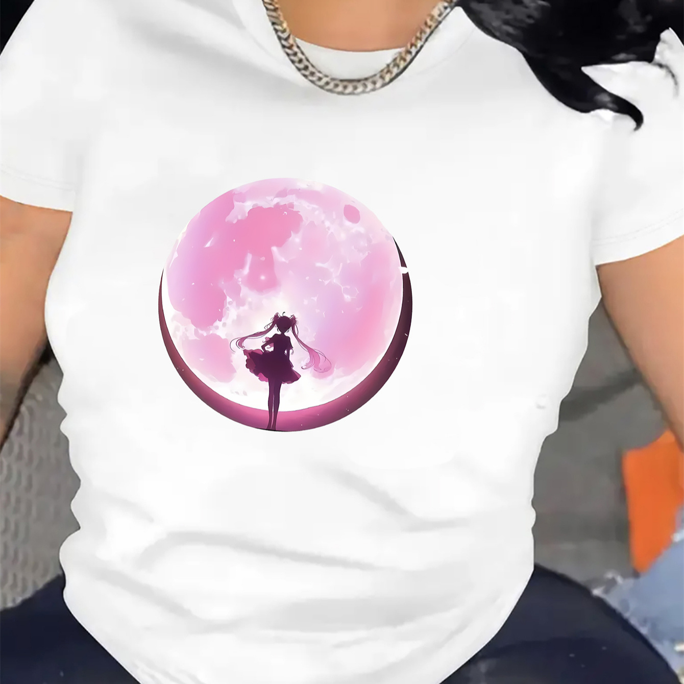 

Women' Moon-themed Print Short Sleeve T-shirt - Casual, Breathable, Knit Fabric, Polyester, Round Neck, - Women' Casual Short Sleeve T-shirt