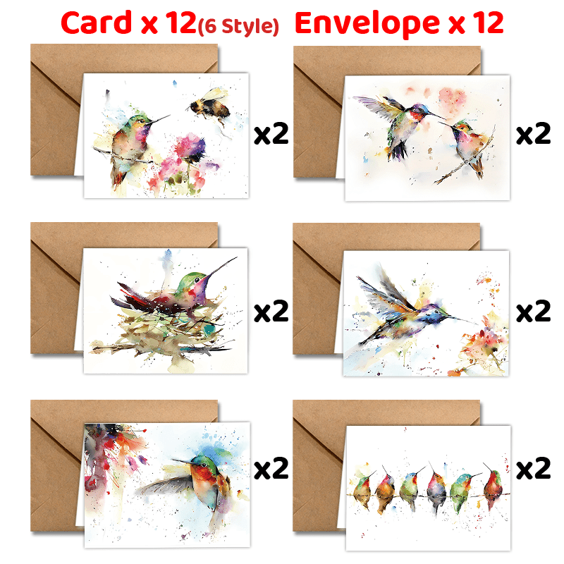 

24-pack Watercolor Hummingbird Greeting Cards With Envelopes, 6 Styles, All Thank You Cards , Teachers, Business, Coworkers, Employee Appreciation, Birthday, Holidays, Chinese New Year, Christmas