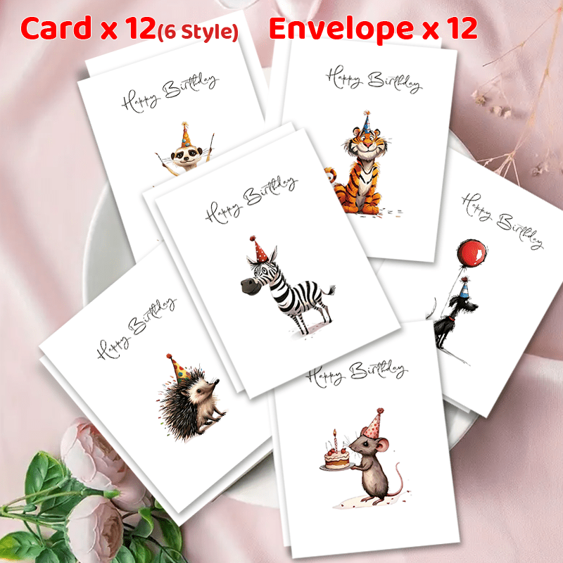 

24pcs Adorable Animal Birthday Cards With Envelopes - 6 Featuring Giraffe, Tiger, Zebra, Hedgehog, - Friends, Teachers, Colleagues - Ideal For Christmas, Valentine's, Anniversaries & More