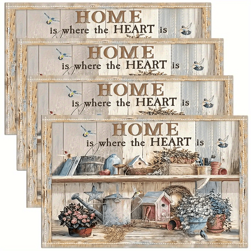 

4pcs Rustic Farmhouse Placemats Set, Vintage Floral And Vase Print, Polyester Rectangular Table Mats For Kitchen Dining, Hand Wash Only, Woven