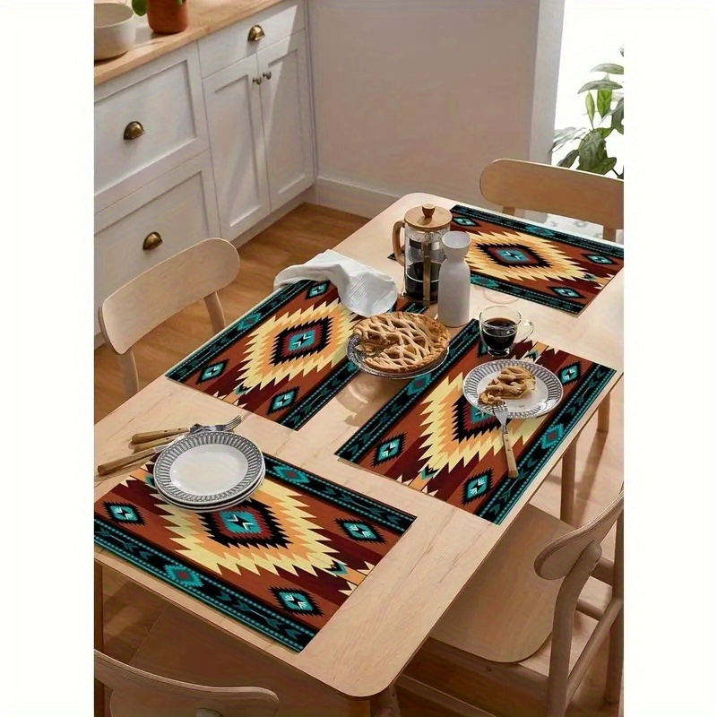 

Set Of 4 Southwestern Aztec And Bohemian Placemats - Woven Polyester Rectangle Dining Table Mats, Hand Wash Only - Decorative Kitchen And Home Party Accessories