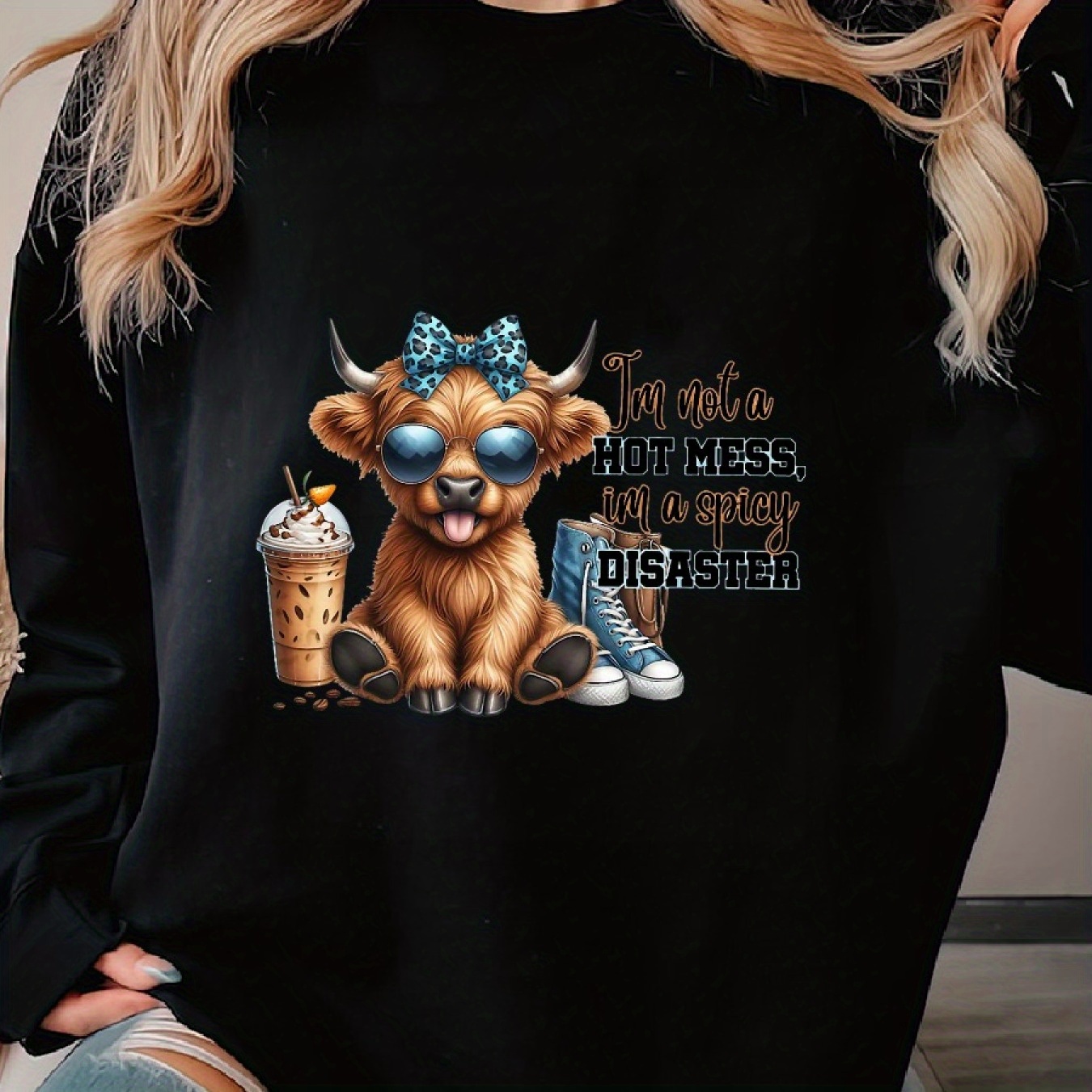 

Women_s Cute Highland Cow I_m Not A Mess Funny Positive Cow Woman's Cozy Pullover Sweater, Casual Long Sleeve Crew Neck Sweater For Sports