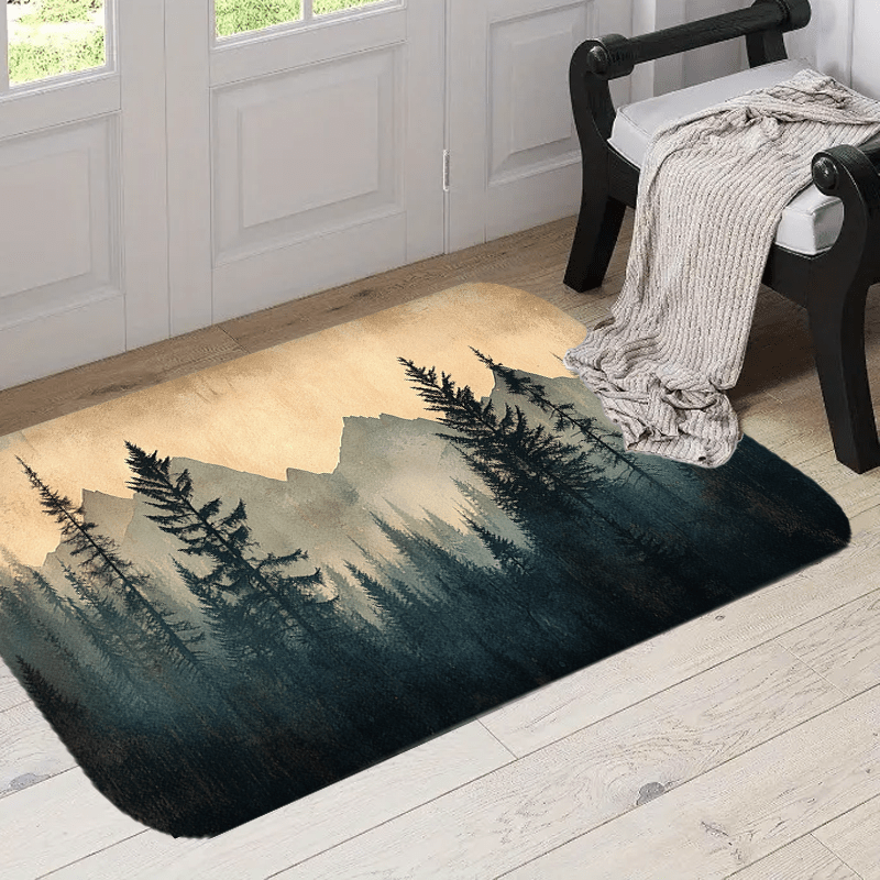 

1pc Rustic Forest Silhouette Doormat - Polyester Mountain Landscape Carpet, Wilderness Theme Mat, Machine Washable, Woodland Scenery For Home Decor