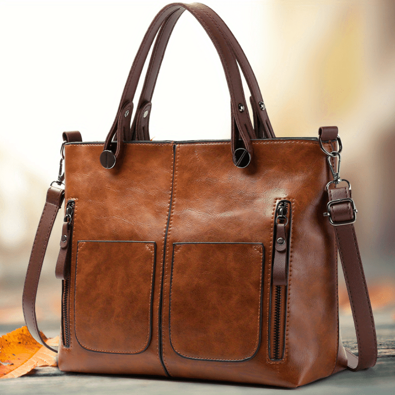 

Stylish Vintage-inspired Large Capacity Tote Bag For Women - Shoulder & Crossbody Purse With Multiple Compartments, Zip Closure, And Detachable Strap In Rich Brown