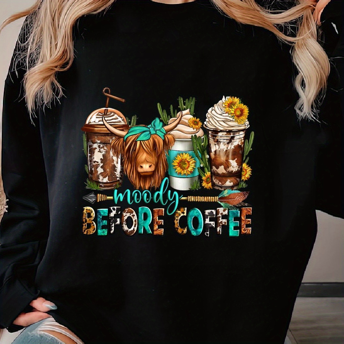 

Before Coffee Western Longhaired Cow Highland Cow Woman's Cozy Pullover Sweater, Casual Long Sleeve Crew Neck Sweater For Sports