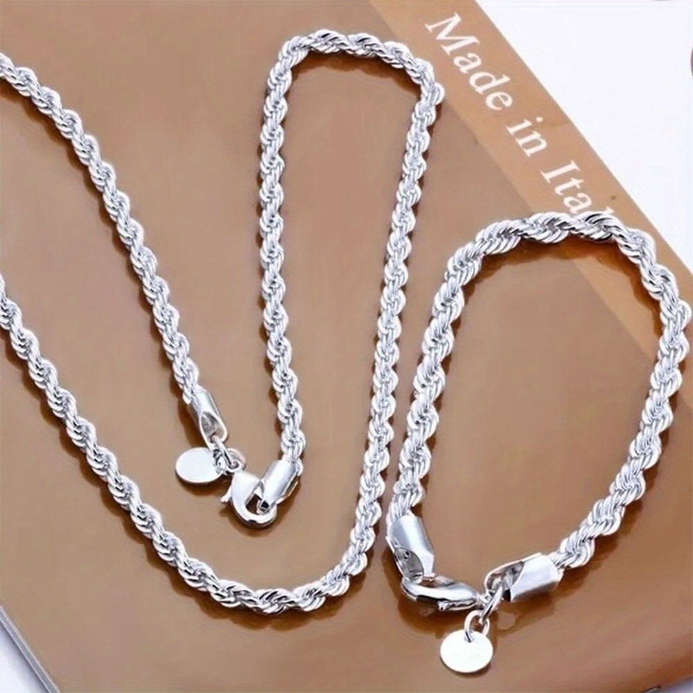 elegant 925 sterling silvery necklace bracelet set hip hop boho style twisted   for   gift for casual attire details 0