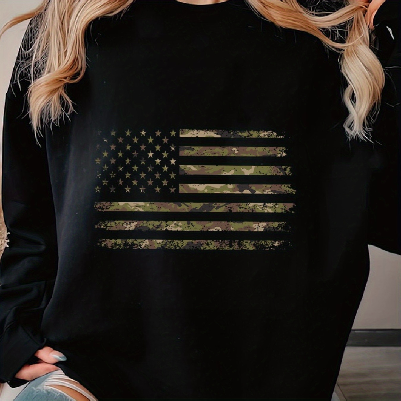 

American Flag Printed Round Neck Sweatshirt, Long Sleeve Casual Pullover Sweatshirt, Women's Activewear