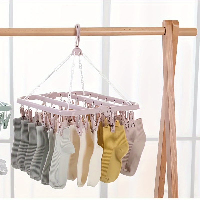 

1pc 32-clip Large Capacity Plastic Socks Hanger, Underwear Clothes Drying Rack, Clothes Rack For Storage Organizer For Bathroom, Bedroom, Closet, , Home, Dorm, Pink/blue/green