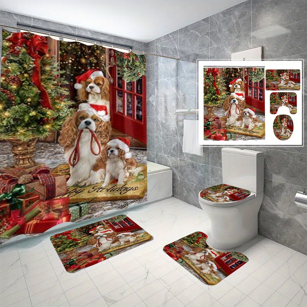 

4pcs Christmas Dog Curtain Set - Polyester, Includes & Bath Mat, For Bathroom Decor