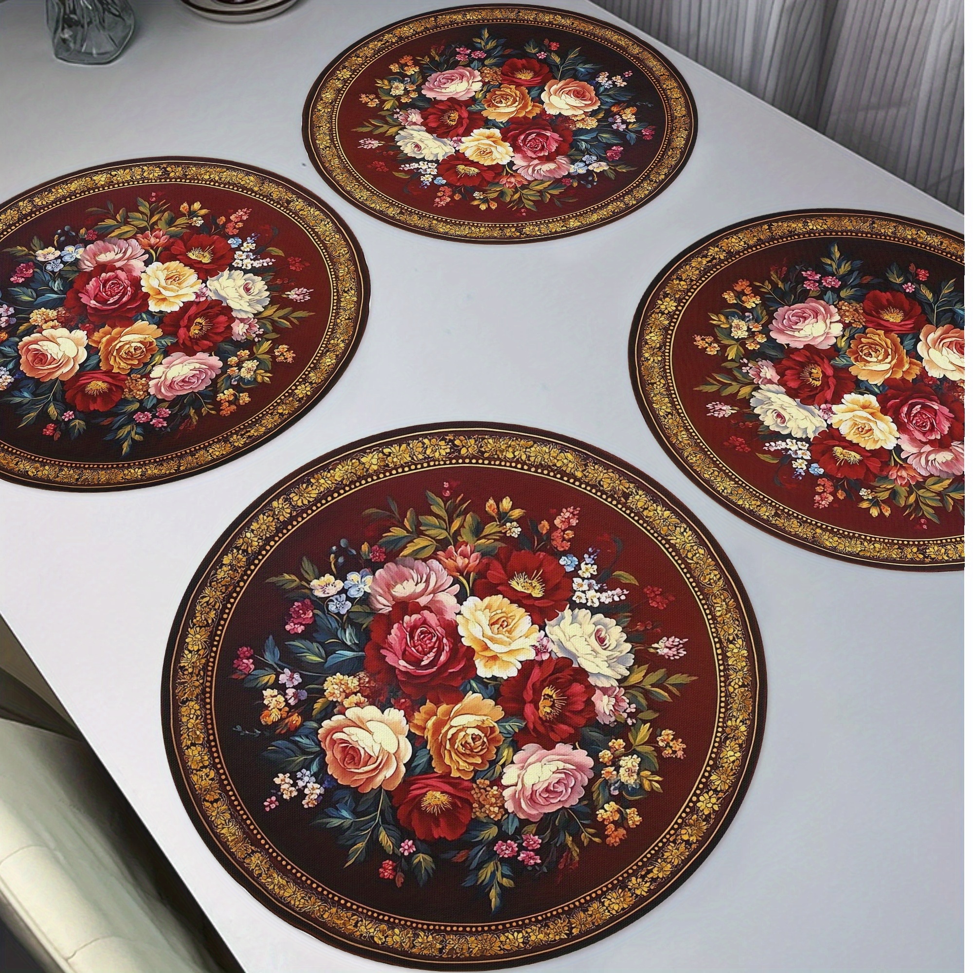 

4pcs, Vintage Rose Round Placemats, Holiday Non-slip Washable Heat Resistant Table Mats Place Mats 15" For Party Kitchen Dining Home Decor, Kitchen Table Mats