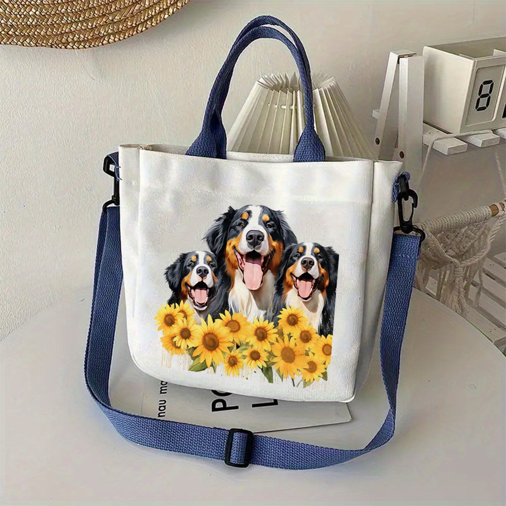 

Canvas Tote Bag With Bernese & Sunflower Print - Hand Washable, Closure, Versatile Shoulder Handbag For School, Work, Travel, And Daily Use