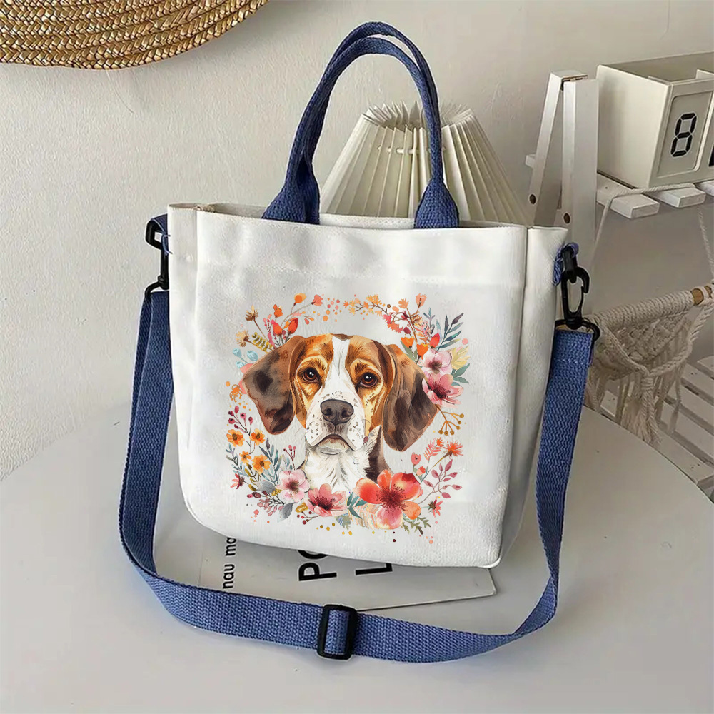 

1pc Canvas Shoulder Bag With Floral Beagle Print, Versatile Crossbody Tote For Sports, Work, Travel, School, And Vacation